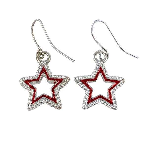 Silver Tone Red Framed Star Dangle Fishhook Earrings - Picture 8 of 9